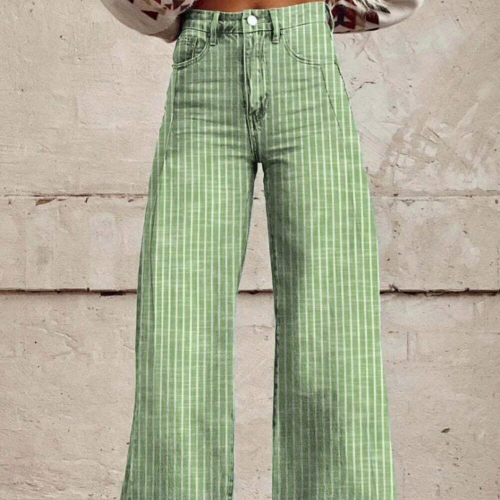 Green Casual Women's Long Wide Striped Denim Jeans